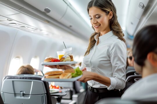 flight attendant offering food and drinks to passengers on an airplane