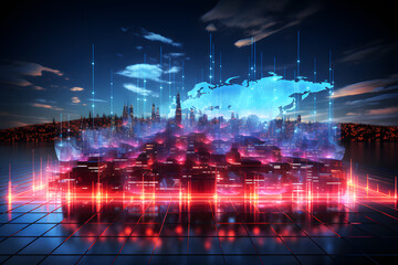 Holographic of digital city, building display red background. Technology digital future. Smart network and Connection technology concept with city background at night. Panorama view.	
