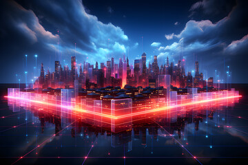 Holographic of digital city, building display red background. Technology digital future. Smart network and Connection technology concept with city background at night. Panorama view.	