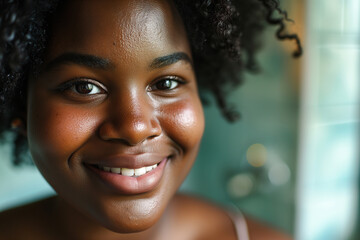 Femininity, self-acceptance. Portrait of a joyful African American plump young woman looking at camera while standing indoors at home - obrazy, fototapety, plakaty