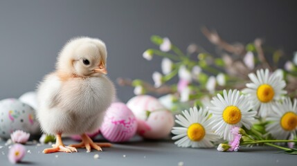 Easter composition with a soft chick stands among speckled Easter eggs nestled in white spring flowers, with a tranquil gray backdrop. Easter card with copy space