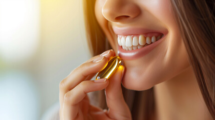 healthy eating concept, woman taking fish oil hand holding capsule vitamin - obrazy, fototapety, plakaty