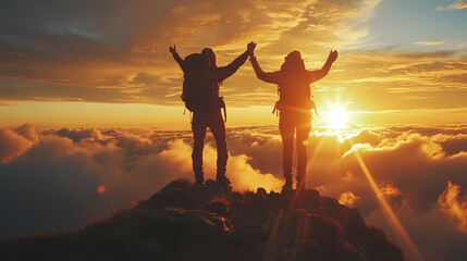 Morning Glory on the Mountain. Silhouettes with Arms Up at Sunrise - obrazy, fototapety, plakaty