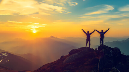 Victory Pose Silhouettes on Mountain Crest During Sunrise