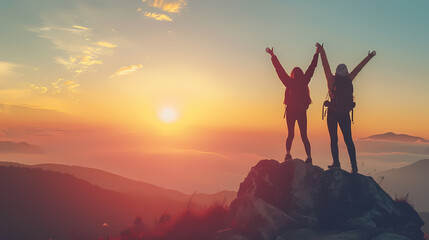 Victory Pose Silhouettes on Mountain Crest During Sunrise