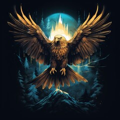 Mystical eagle guardian t-shirt design with runes and wings - obrazy, fototapety, plakaty