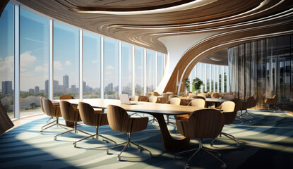 Fototapeta premium Modern Corporate Office Interior with Stylish Furniture and a View of the City