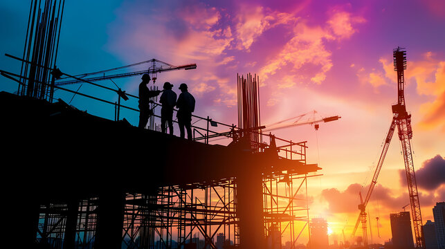 Engineer Group Silhouettes Surveying Urban Construction Progress