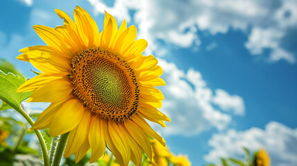 Obraz premium A bright sunflower from below, with blue sky. generative AI