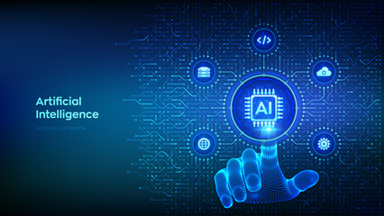 AI. Artificial intelligence. Machine learning technology. Big data. Neural networks. Background with circuit board connections and tech icons. Wireframe hand pressing button. Vector Illustration.