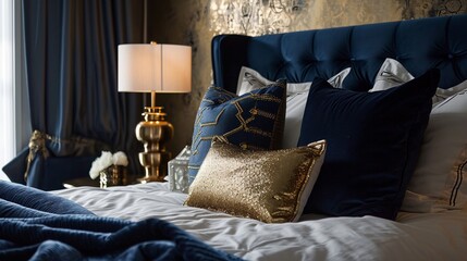 Unique Moroccan Gold Table Lamp, golden brilliance in white setting, navy blue velvet bed, and metallic-accented wall.