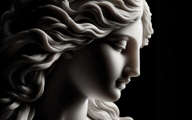 Fototapeta na wymiar Ancient white marble sculpture head of young woman. Statue of sensual renaissance art era woman antique style. Face isolated on black background