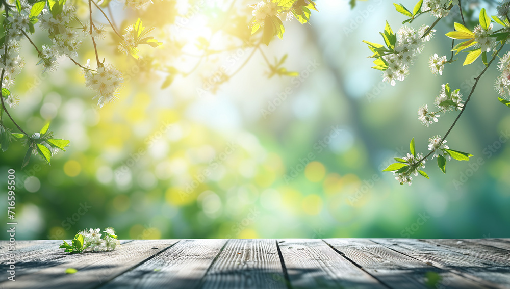 Wall mural spring and summer background with white blossoms and white wooden table flooring