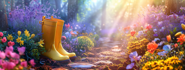 Gardening background with flowerpots, yellow boots in sunny spring or summer garden - obrazy, fototapety, plakaty