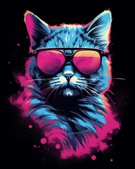 Retro style t-shirt design with 80s cut cat and neon lights - obrazy, fototapety, plakaty