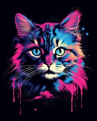 Retro style t-shirt design with 80s cut cat and neon lights