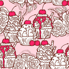 Tasty sweet cupcake dessert decorative seamless vector pattern for textile design, fabric print, digital or wrapping, wall paper, background and backdrop, bakery shop decoration, cafe, restaurant menu