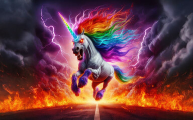 Obraz na płótnie Canvas Angry unicorn. White unicorn with a pink and white mane and tail emits a rainbow.