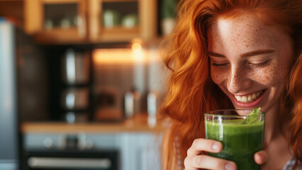 Happy woman with vegan smoothie drink or vegetarian shake sitting in her kitchen.