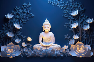 glowing golden buddha with 3d paper cut clouds flowers, nature background, lotuses, heaven light