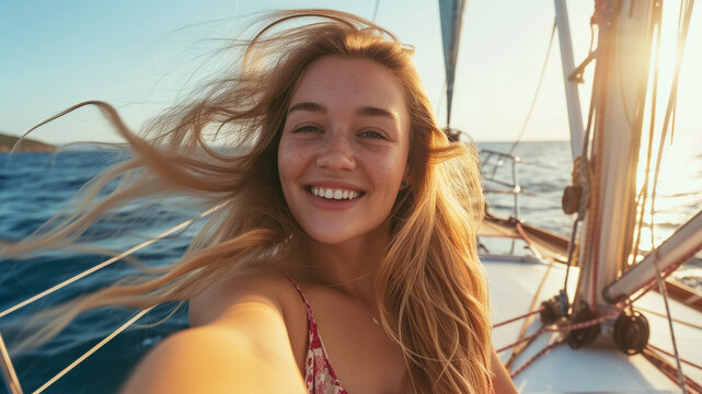 Young beautiful girl making selfie on the luxury yacht