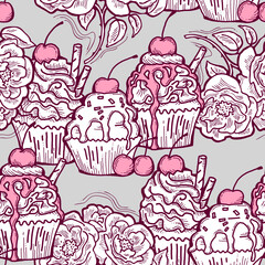 Tasty sweet cupcake dessert decorative seamless vector pattern for textile design, fabric print, digital or wrapping, wall paper, background and backdrop, bakery shop decoration, cafe, restaurant menu