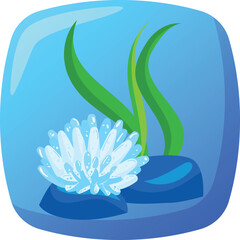Cartoon sea anemone on ocean floor with green seaweed. Underwater marine life scene, aquatic plant vector illustration.