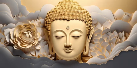 Fotobehang glowing golden buddha face with 3d paper cut clouds flowers, nature background, lotuses, heaven light © Kien