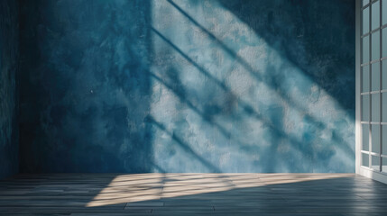 Empty room with minimalist dusty blue wall background with sun shadow for product presentation