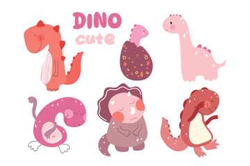 Cute dino set in pink colors. Vector illustration.