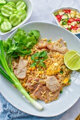 fried rice with pork and eggs , thai food, close up food