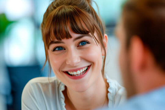 corporate photo, close-up and clear focus on a young female office worker with minimal makeup, hair with subtle bangs, warmly smiling and talking to a blurred man out of frame