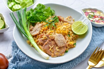 fried rice with pork and eggs , thai food, close up food