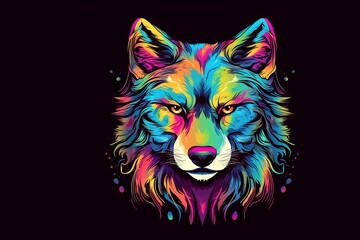 Multicolored wolf head drawing in vector format for t-shirt design