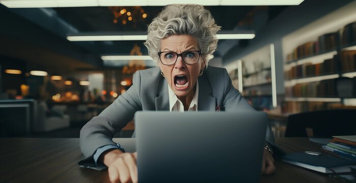 Frustrated woman using computer and screaming