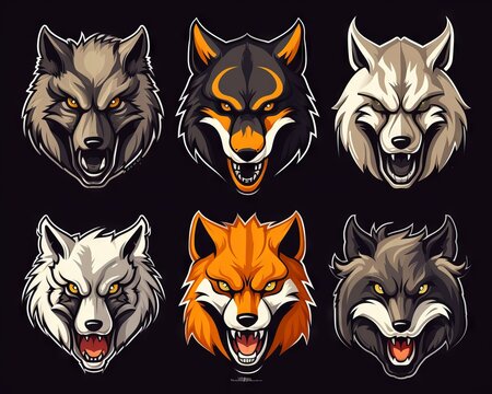 Wolf mascot logo set: vector illustration of different wolf designs for esports, gaming, and t-shirt printing