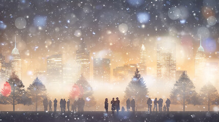 festive Christmas evening on the square in the city abstract landscape silhouettes of people in a snowfall, winter festive background