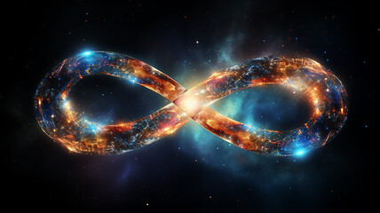 glowing multicolored infinity symbol galaxy black cosmos, singularity sign isolated on background - obrazy, fototapety, plakaty