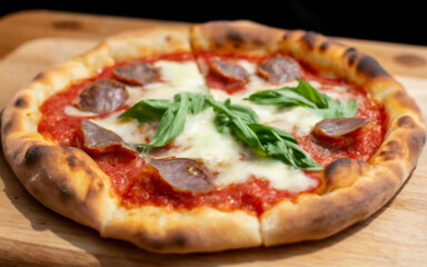 pizza on a board,mozzarella, meal, crust, pepperoni, baked, snack, 