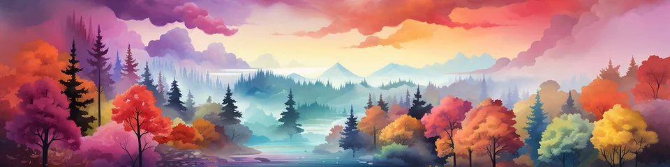 Poster long panorama on row of colorful trees in a fantastic landscape of the forest rainbow spectrum autumn © kichigin19