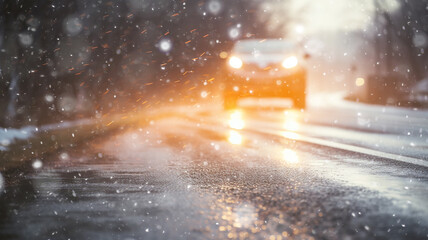Fototapeta premium blizzard on the road, dangerous snowfall on the highway car in poor visibility, fog in winter bad weather, blurred background