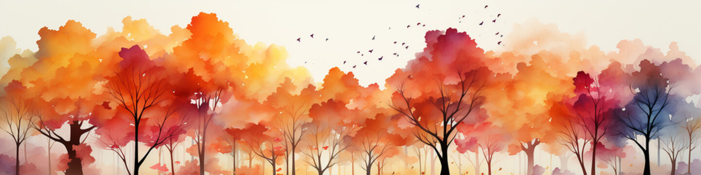 long panorama on a white background row of colorful trees in a fantastic landscape of the forest rainbow spectrum autumn