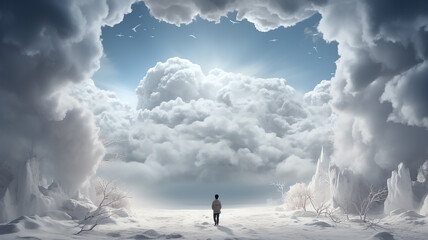 abstract background small silhouette of a man in a room among white clouds, psychology consciousness mind
