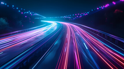 Fototapeta na wymiar High-Speed Data Concept. Neon Trails Along Digital Road