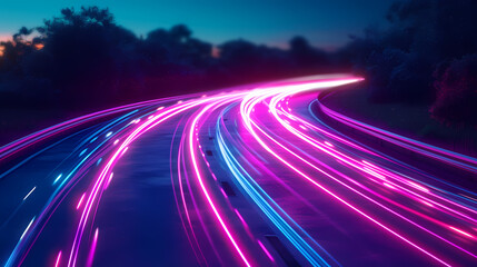 High-Speed Data Concept. Neon Trails Along Digital Road - obrazy, fototapety, plakaty