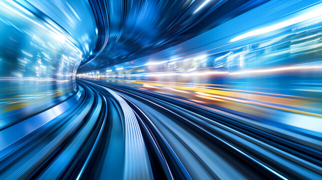 Acceleration speed on the railroad. Light and stripes fast motion blur.