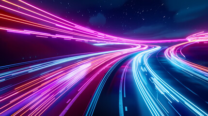 Fototapeta na wymiar Neon Light Trails on Abstract Road Depicting Data Transfer Speed