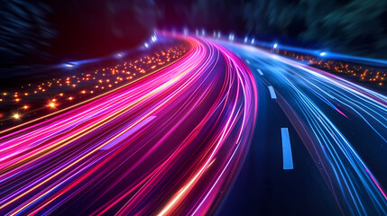Obraz premium Neon Light Trails on Abstract Road Depicting Data Transfer Speed