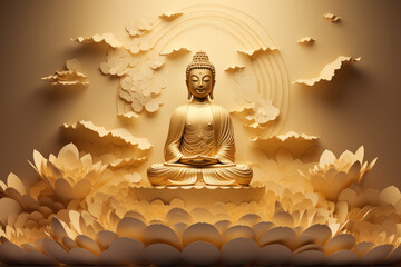 glowing golden buddha with 3d paper cut clouds flowers, nature background, lotuses, heaven light