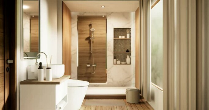 Wooden onsen Japan bathroom modern Onsen minimal style .3D rendering